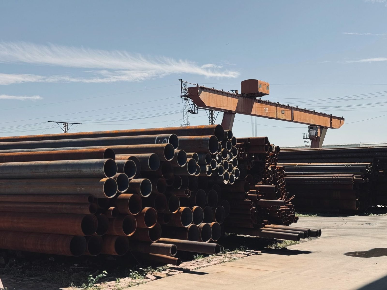 Steel pipe stacked in an outdoor yard under a gantry crane